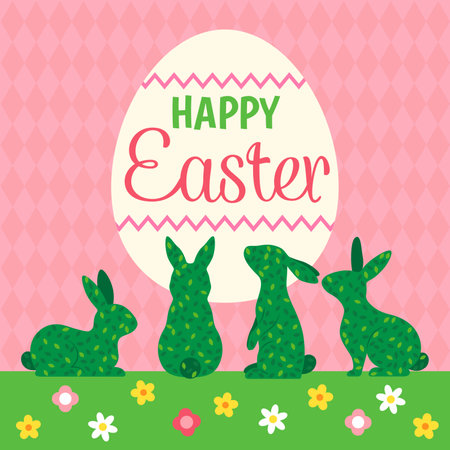 Happy Easter greeting card design illustration , Bunny shape topiary in garden illustration, Easter creative backgroundのイラスト素材
