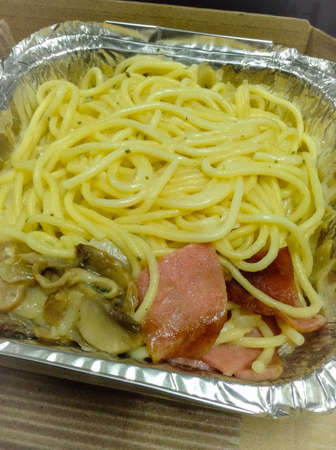 Close up of a carbonara spaghettiの素材