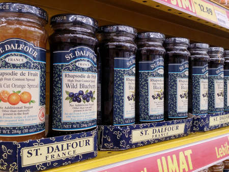 KUALA LUMPUR,MALAYSIA - MAY 24,2017 : St. Dalfour jams on the shelves of local supermarket. St....