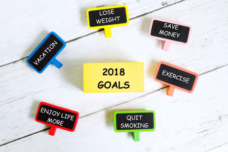 Top view of piece of sheet of pink and yellow paper with words 2018 goals,save money,quit...
