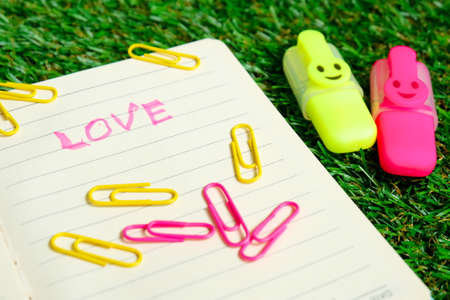 Valentine's day theme. A book written with 'LOVE' with  pink and yellow highlighter and paper clips...