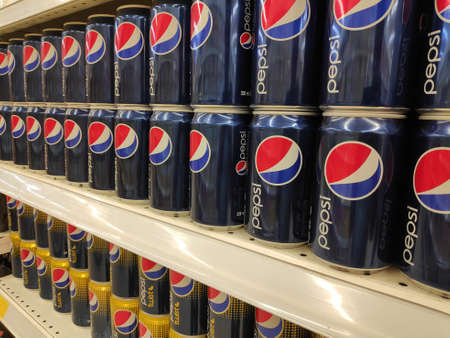 BANDAR SERI BEGAWAN,BRUNEI - SEPTEMBER 27TH,2018 : Pepsi can drinks on supermarket rack.