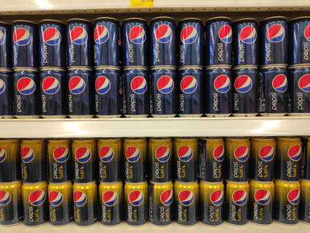 BANDAR SERI BEGAWAN,BRUNEI - SEPTEMBER 27TH,2018 : Pepsi can drinks display on supermarket rack.