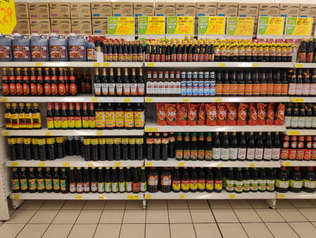 BANDAR SERI BEGAWAN,BRUNEI - SEPTEMBER 27TH,2018 : Variety of ketchup and sauce display on supermarket.のeditorial素材