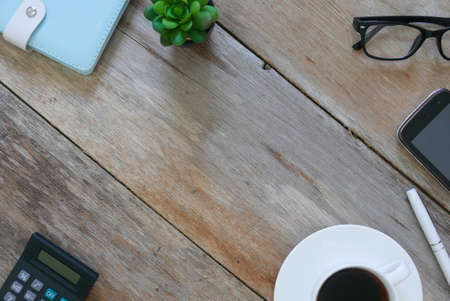 Copy space or flatlay for text or logo on wooden table.の写真素材