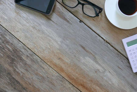 Copy space or flatlay for text or logo on wooden table.