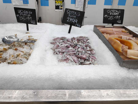 KULIM, MALAYSIA - CIRCA SEPTEMBER,2019 : Variety of seafood displayed at supermarket.の写真素材