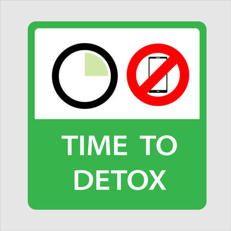 Vector illustration of banner or sticker of clock with quarter hours and no mobile phone. Concept of...