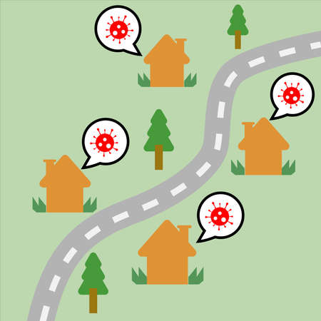Vector illustration of house and trees along the road and speech bubbles with icon of coronavirus. Concept of people talking about the pandemic virus covid-19 around the world.のイラスト素材