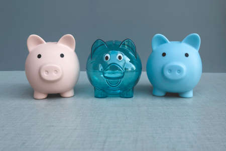 A row of three piggy bank on a grey background.の写真素材