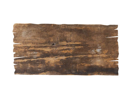 Vintage and rusty brown wooden sign on a white background. Clipping path.Concept of signpost and billboards.の写真素材