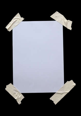 White paper stuck with sticky tape isolated on a white background.