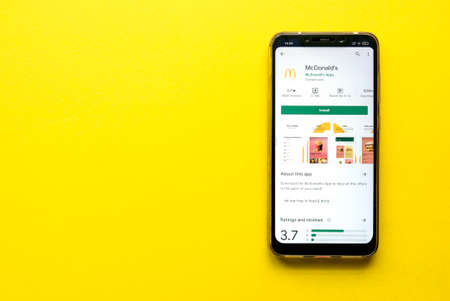 KULIM,MALAYSIA - CIRCA AUGUST, 2021 : A mobile phone with app of McDonald's on an Android Play...