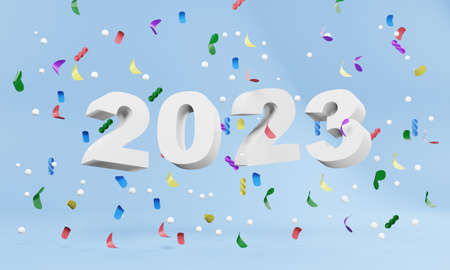 New year 2023 concept with a block of numbers and colorful confetti. 3D render illustration.