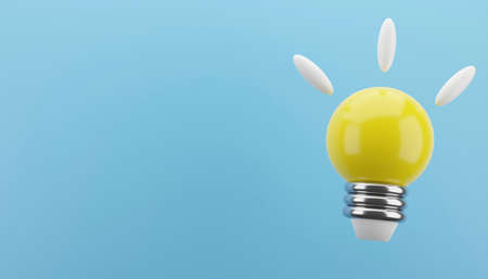 A bright yellow bulb on a blue background with copy space. 3d render illustration.