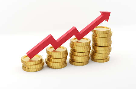 Gold coin level stack with a red arrow. Business, finance and saving concept. 3d render...