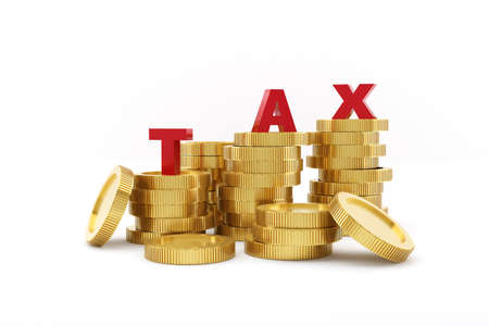 Coins stack and word Tax. Business and finance concept. 3d render illustration.