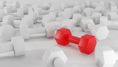 3d render illustration of Red dumbbell standing out among the other white dumbbell. Leadership, dissenting opinion, divergent views and different concepts.の写真素材