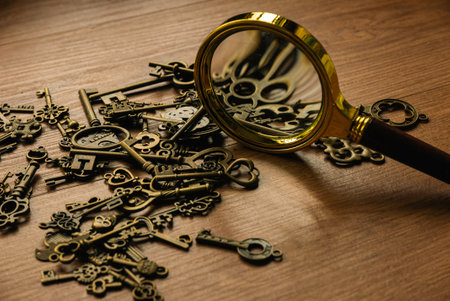 Magnifying glass and a bunch of keys. Concept of search for solution.の写真素材