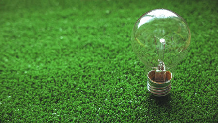 Light bulb on the green grass.The concept of energy saving, renewable energy and environmentally friendly.の写真素材