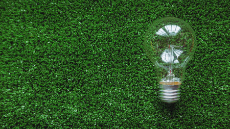 Top view of Light bulb on the green grass.The concept of energy saving, renewable energy and...