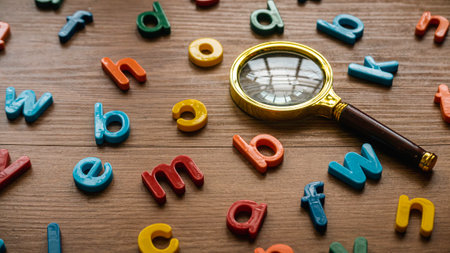 Scattered colorful alphabet with a magnifying glasses. Learning and education concept. Finding keywords. Language learning.の写真素材