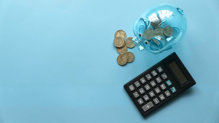 Concept of business, finance, investment, saving and funding. Top view of transparent piggy bank,...