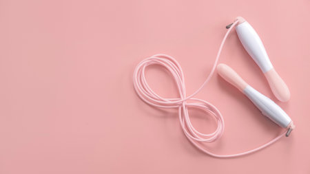 Fitness and healthy sport concept. Pink jumping rope on a pastel pink background. Top view, flat lay, copy spaceの写真素材