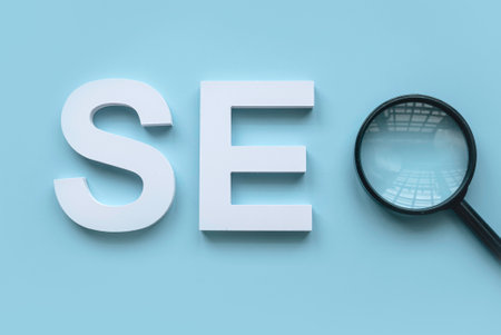 SEO alphabet. Search engine optimization.Concept of marketing, ranking, traffic of website internet business technology.の写真素材