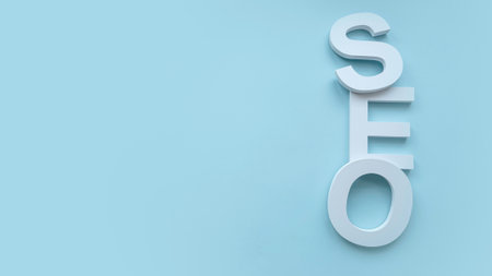 SEO alphabet. Search engine optimization.Concept of marketing, ranking, traffic of website internet business technology. Banner with copy space.の写真素材