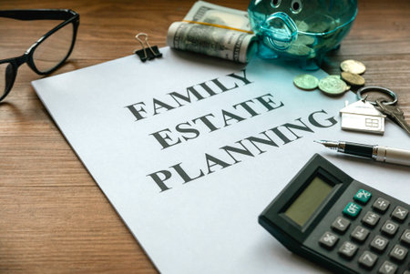 Family estate planning. Property investment and house mortgage financial real estate concept. Document, money, calculator, glasses and key on wooden table.の写真素材