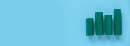 Business charts. Company financial report. Goal for business, bank, finance, investment, money. Quarterly report concept. Green bar chart. Blue banner with copy space.の写真素材
