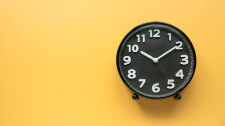 Concept of time, reminder, countdown, alert, deadline. Wall clock isolated on yellow background.Copy space.の写真素材