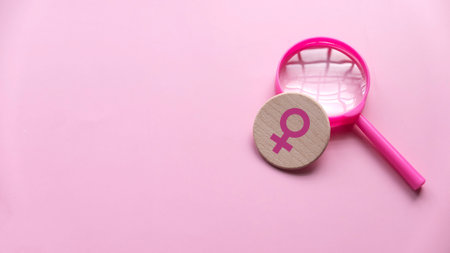 Questions and answers about women concept. Women symbol over a magnifying glass on pink background with copy space.の写真素材