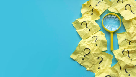 QnA or questions and answers concept. Yellow magnifying glass with question symbol on memo note over...