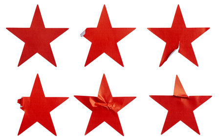 A set of red star shape paper sticker label isolated on white background.の写真素材
