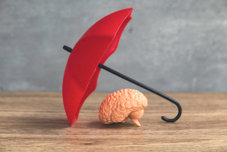 Human Brain Model Under Red Umbrella Symbolizing Protection and Mental Health Careの写真素材