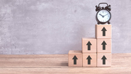 Ascending Time Concept with Clock and Arrow-Stamped Blocks