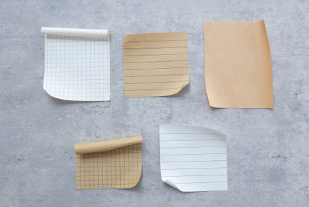 Variety of Paper Types: Lined, Grid, and Plain Sheets on a Gray Surface