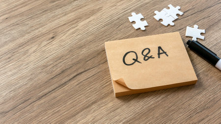 Q&A Concept with Magnifying Glass, Alarm Clock, Puzzle Pieces, and Pen on Wooden Background