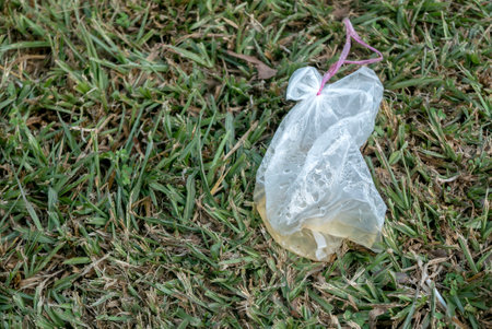 Plastic Bag with Yellow Liquid on Grass - Environmental Pollution Conceptの写真素材