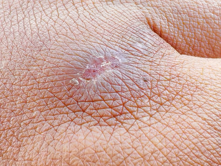 Close-Up of Skin Abrasion with Scab and Inflammationの写真素材