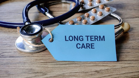 Healthcare and medical concept. Tag written with 'Long Term Care'の写真素材