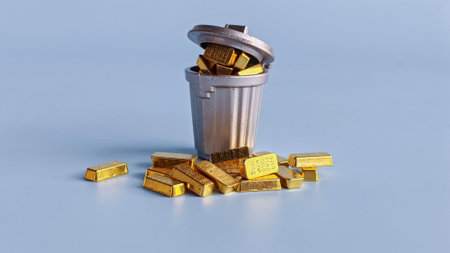 Overturned Trash Can Filled with Gold Bars Representing Misplaced Value, Wealth Waste, and Irony of Worthの写真素材