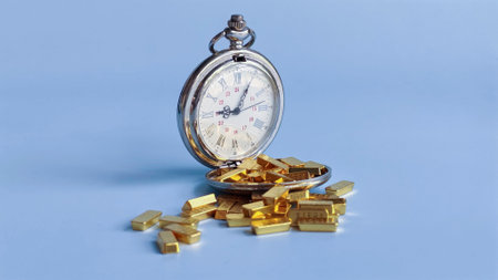 Antique Pocket Watch with Gold Bars on Blue Backgroundの写真素材