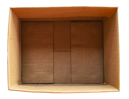 Top-Down View of Empty Open Cardboard Box Isolated on White, Ideal for Packaging and Product Revealの写真素材
