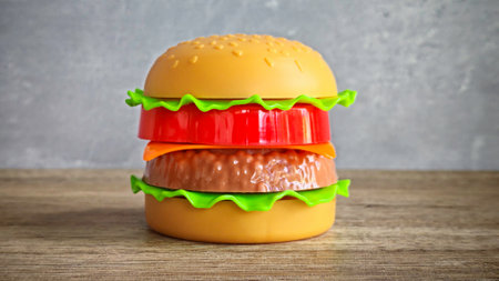 Colorful Plastic Toy Hamburger on Wooden Table, Representing Fast Food, Play, or Childhood Nutritionの写真素材