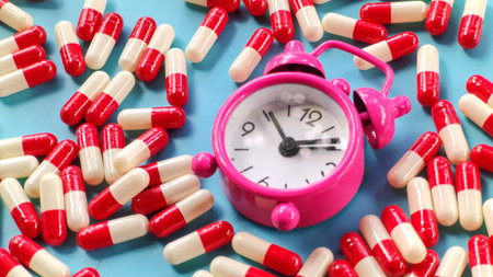 Pink Alarm Clock and Medical Capsules on Blue Backgroundの写真素材