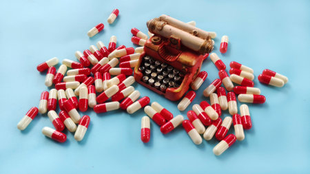 Miniature Typewriter Surrounded by Red and White Capsulesの写真素材