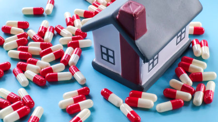 Miniature House and Red and White Capsules on Blue Backgroundの写真素材